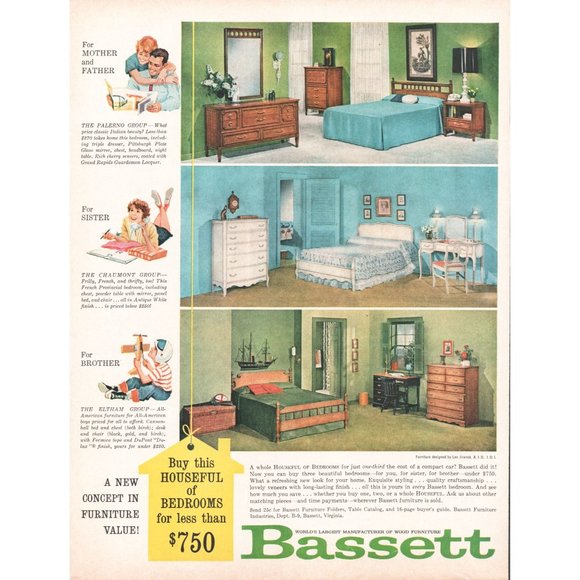 bassett Art 961 Bassett Bedroom Furniture Suite Vintage Print Ad Family Sister Brother